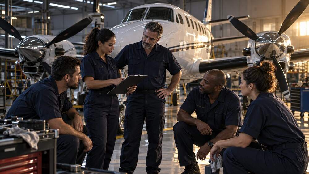 Equipe técnica em inspeção de célula no hangar